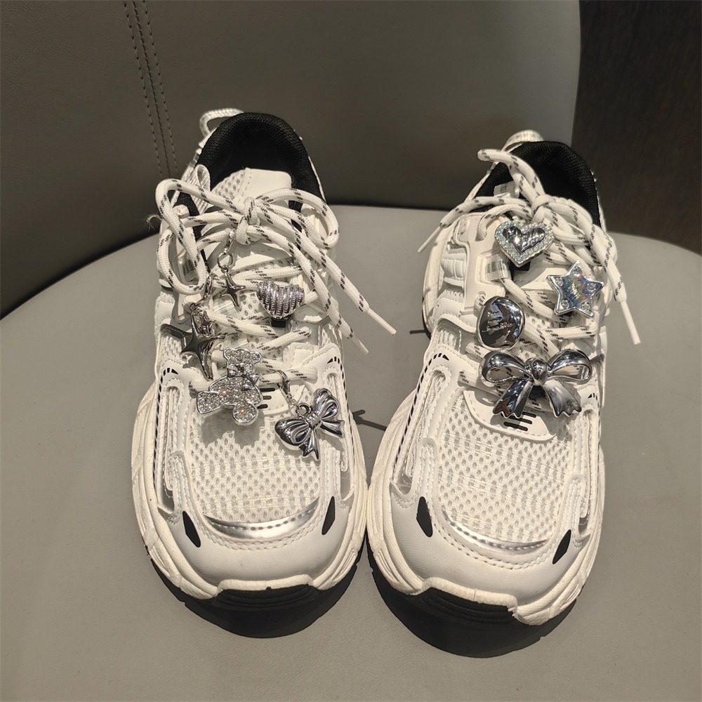 1 PCS New Shoe Laces Buckle Flower Silver Love Diamond Bow Sports Shoelaces Decorative Buckle Shoes Charms