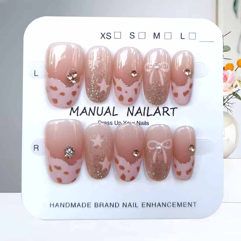 10 Pcs French Style Kawaii Pink Leopard Nail Patch Press on Nails Little Black Cute Bowknot with Diamonds Fake Nails Manicure