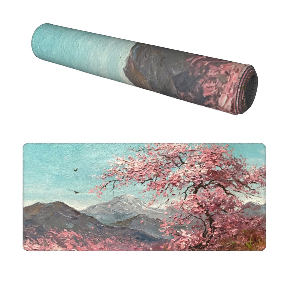 Minimalist Sakura Tree Desk Mat, Extra Large Nature Mountain Mouse Pad, Non-Slip Waterproof Keyboard Mat for Desk Decor
