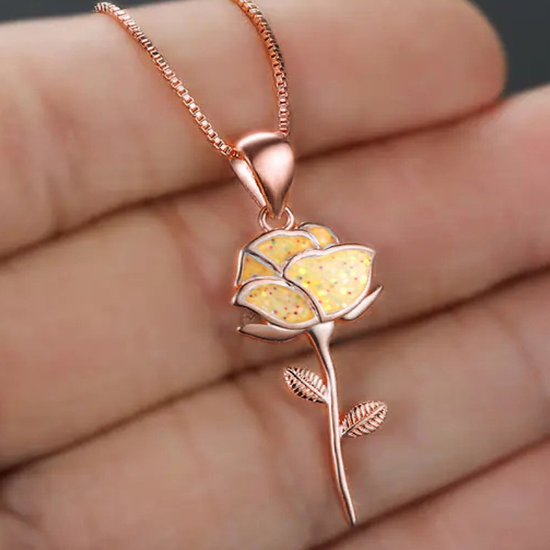 Huitan Yellow Rose Flower Design Rose Gold Color Pendant Necklace for Lady Wedding Engagement Party Romantic Accessories Jewelry