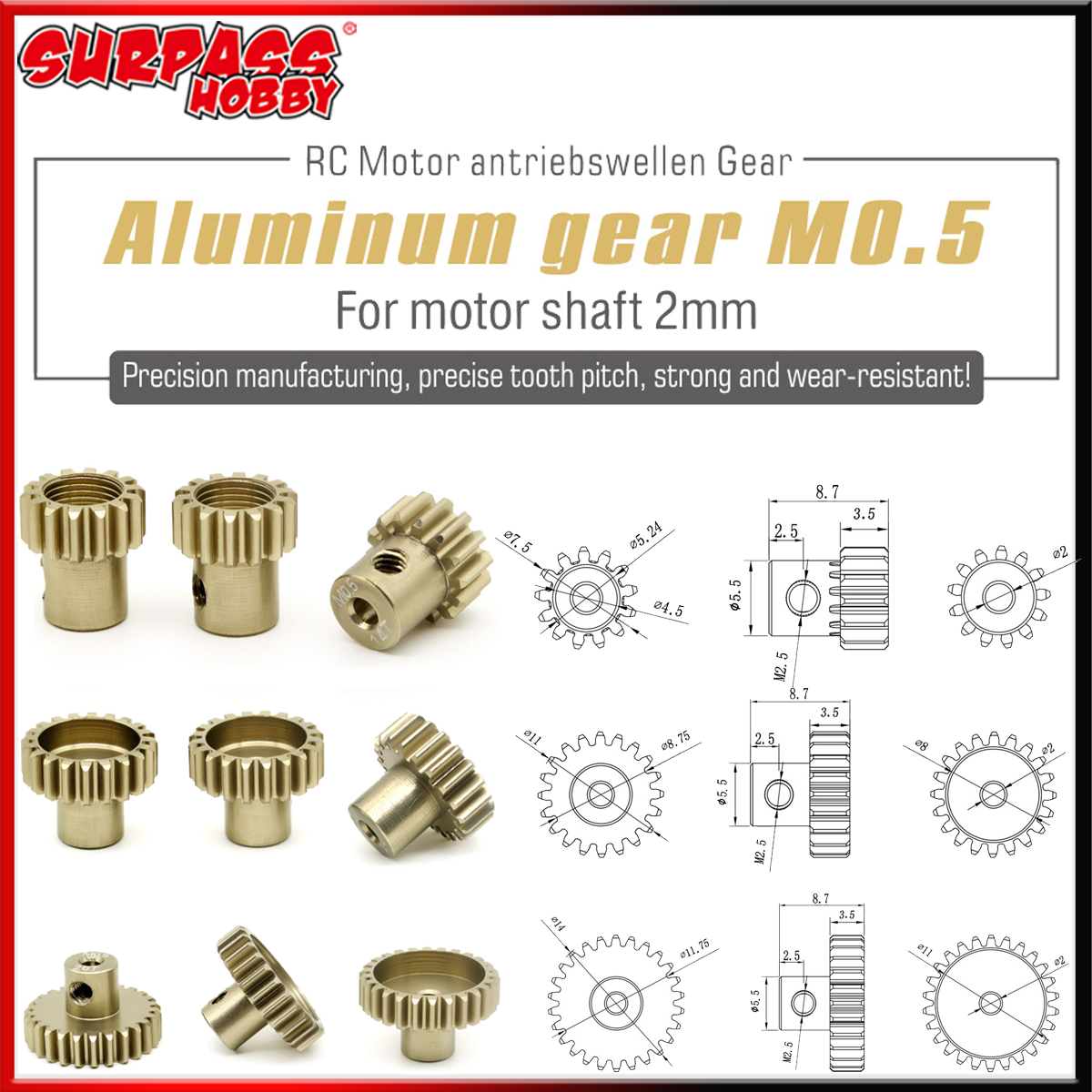 M0.5 Aluminum Pinion Motor Gear 13T-26T for 2mm Shaft Brushless Motor Metal antriebswellen Gear 1/28 1/24 RC Mini Car 2WD Buggy