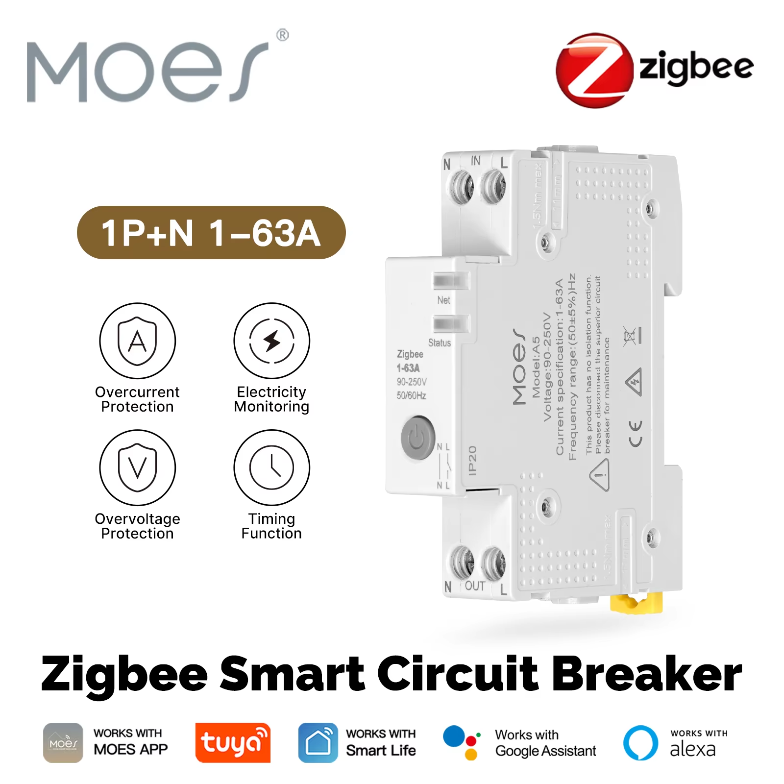 MOES Tuya Zigbee Smart Circuit Breaker 63A Alarm Threshold Set Electricity Monitor V0 Fireproof Retardant For Alexa Home