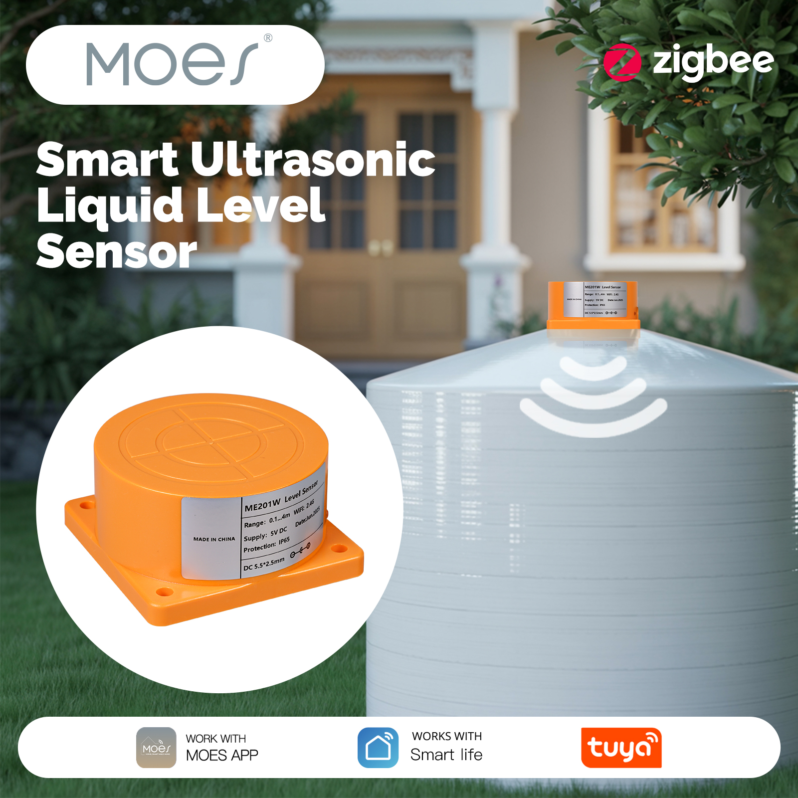 MOES Tuya Smart WiFi/Zigbee Ultrasonic Liquid Level Sensor Water Tank Monitor Alarm Notification APP RemoteControl With RealTime