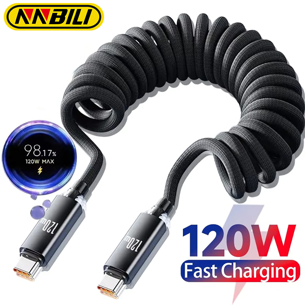 NNBILI 120W Car Type C to USB C Fast Charging For iPhone 17 16 USB A To Type C Spring Telescopic Cable For
