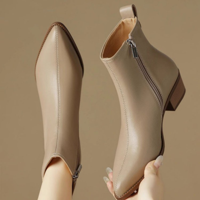 2025 New Women's Ankle Boots - Minimalist Pointed Toe Mid Heel Booties with Soft Leather & Side Zipper, Slimming Fashion Boots