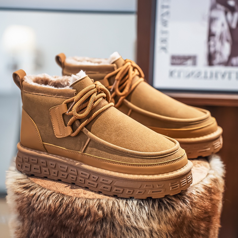 Winter Men Shoes Warm Fur Snow Boots Waterproof Suede Furry Leather Ankle Chelsea Boots Male Fluffy Plush Shoes Outdoor Footwear