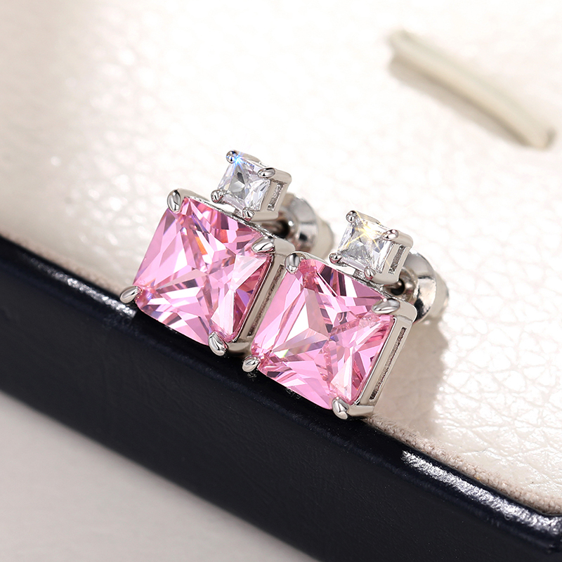 Huitan Trendy Pink/Yellow Square CZ Stud Earrings Luxury Wedding Earrings for Women Silver Color Exquisite Fashion Jewelry