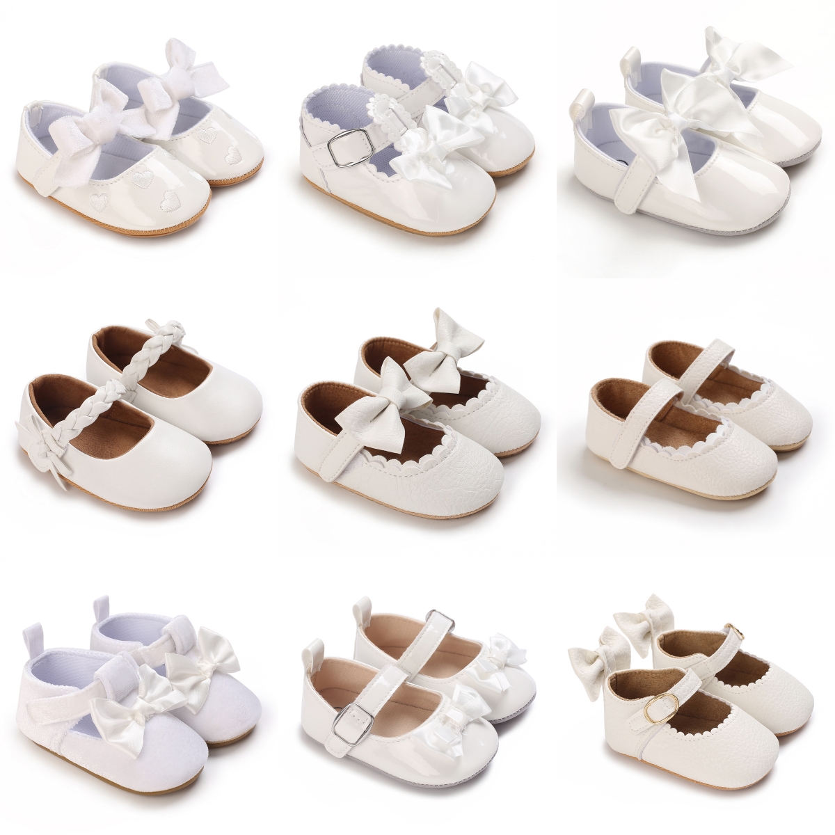 0-18 Months White Neonatal Soft Sole Girl Baby Upper PU Non Slip Sole Cute Princess Shoes Baby Walking Shoes