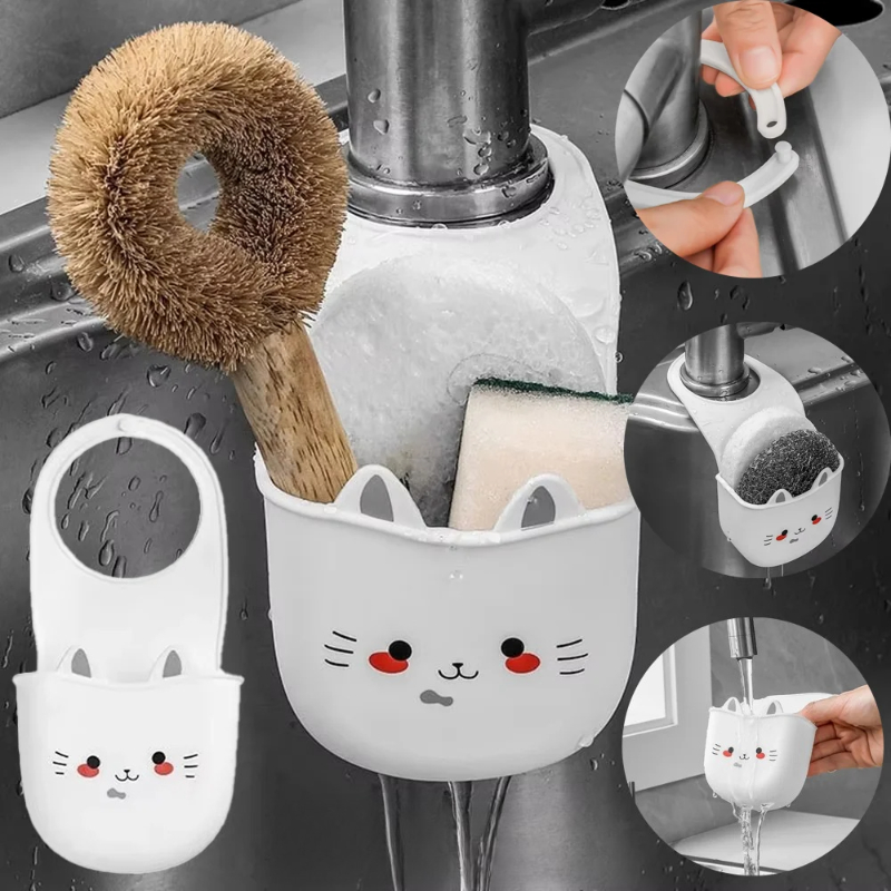 1pcs Cartoon Cat Hanging Sink Drain Basket Cat Sponge Bracket with Buckle Sink Sponge Hanging Drain Rack Kitchen Sink Storage