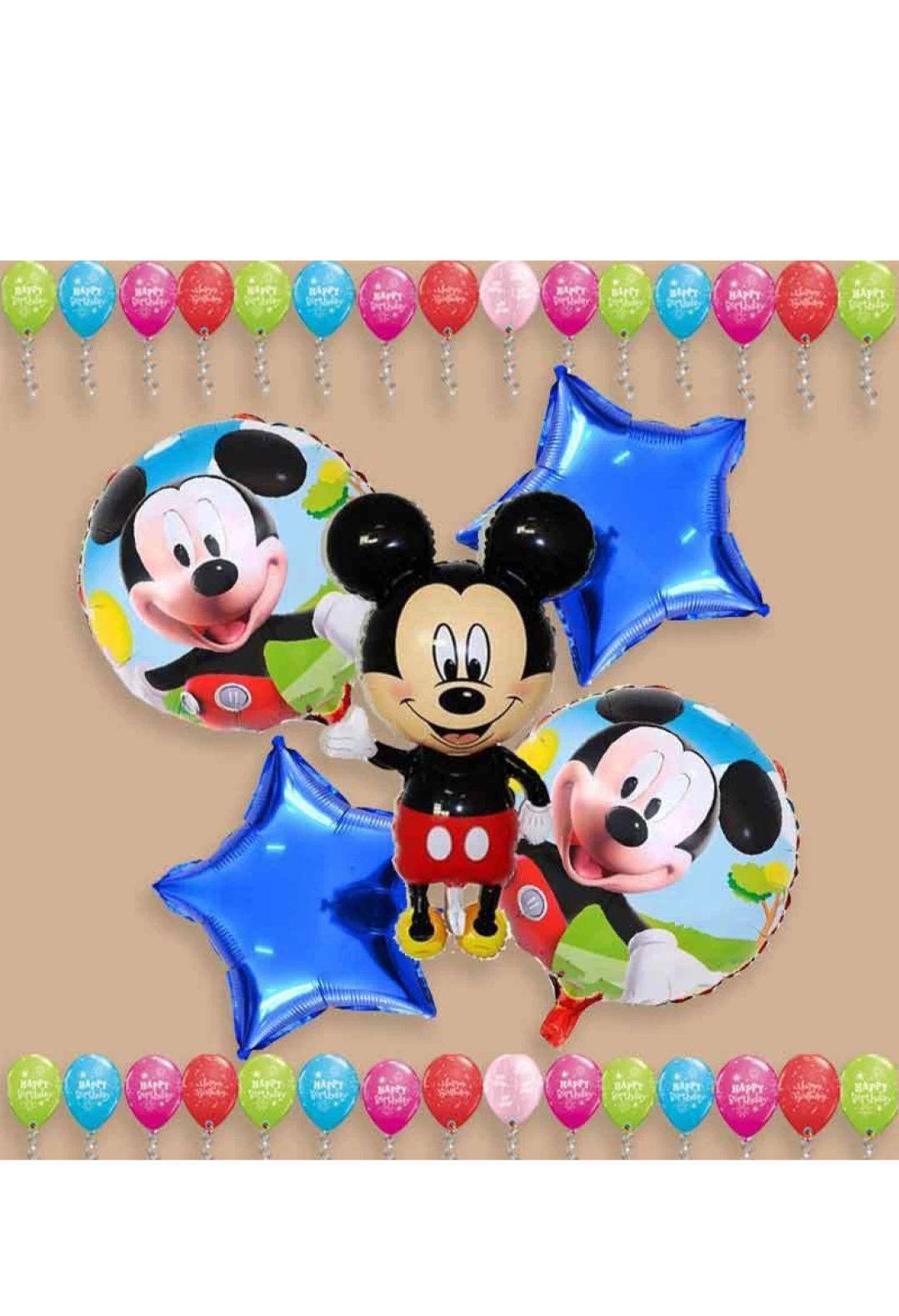 Box Mickey Mouse Foil Balloons 5 Pc Set Combo Includes 1 Cartoon Character Foil Balloon, 2 Blue Star, 2 Round Both Side Printed Ballons For Kids Boys Birthday Party Decoration