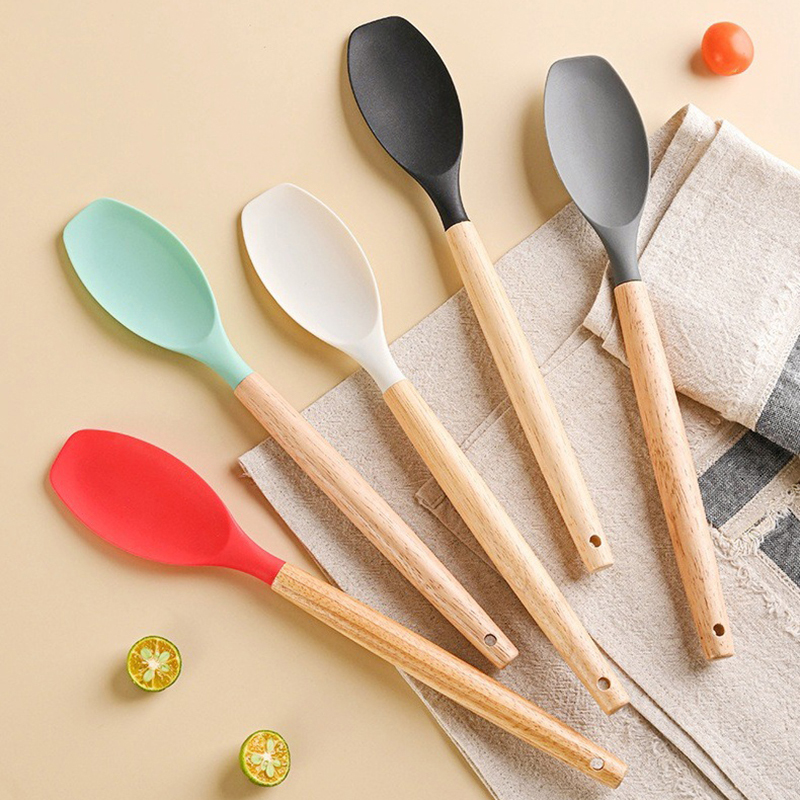 1Pc Silicone Spatula Scoop With Wooden Handle Salad Agitator Pot Scoop Home Cooking Utensils Kitchen Gadgets