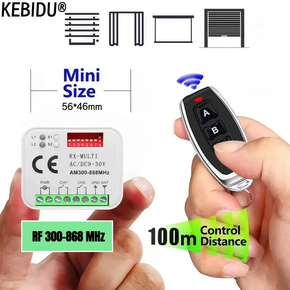 KEBIDU RF Remote Control Switch Receiver 300-868MHz 433MHz Receiver Universal AC/DC 9-30V For Garage Door Control Garage Command