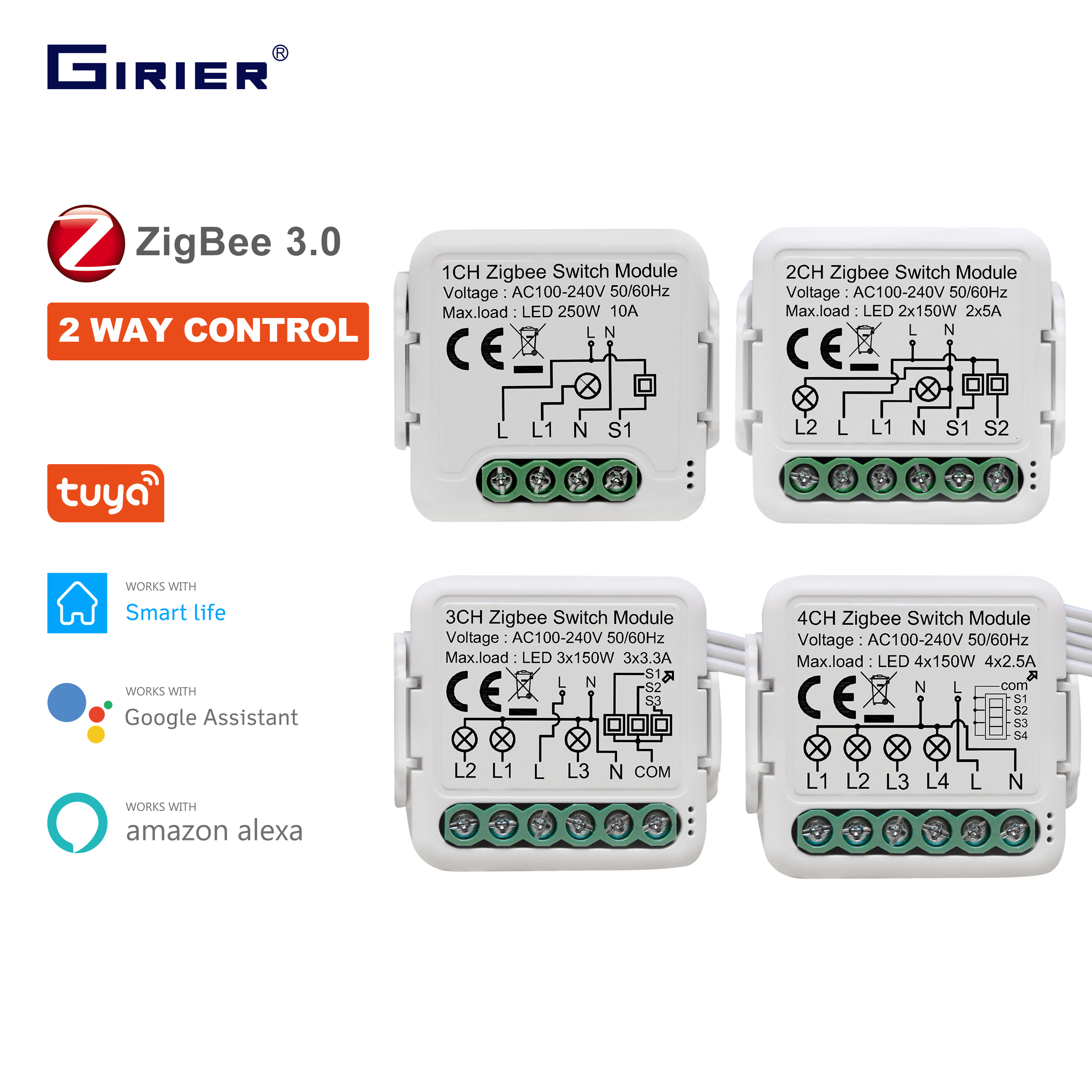 GIRIER Tuya ZigBee Switch Module Neutral Wire Required Smart Home DIY Breaker Relay Supports 2-way Control Work Alexa Hey