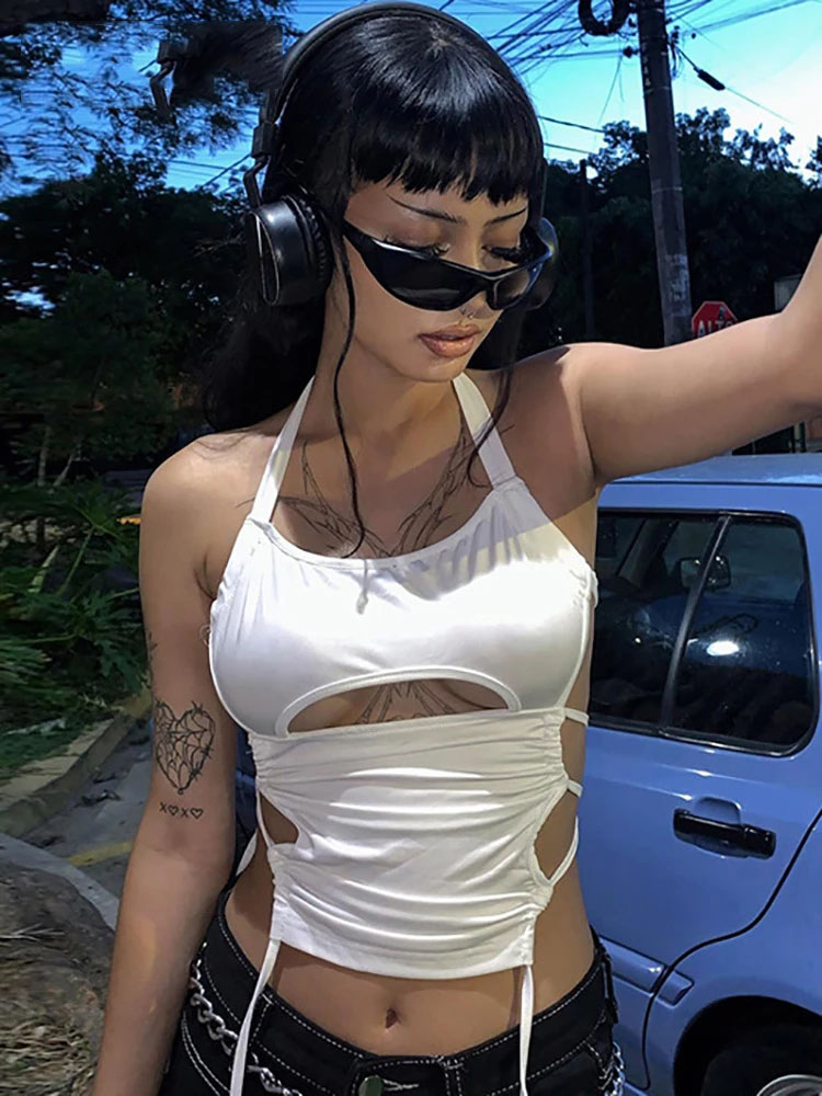 Y2K Backless Summer Crop Top Women Hollow Out White Sleeveless Bandage Halter Tank Tops Streetwear Cami 90s
