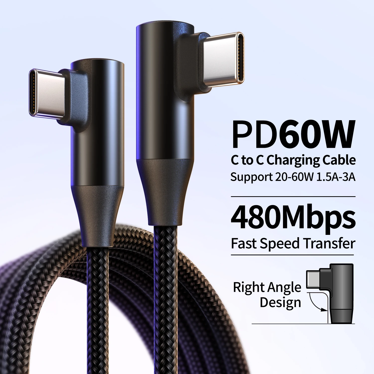 USB-C to Type-C 60W 3A Fast Charging Cable, 90° Angled Design, Nylon Braided. For Type-C Phones/Tablets/Headphones. 25cm/50cm/1m