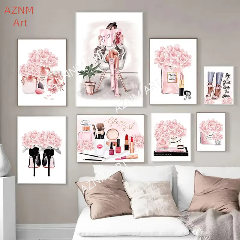Fashion Perfume Bottom Posters and Prints Modern Flower Makeup Tool Canvas Painting Wall Art for Beauty Room Decoration Gifts