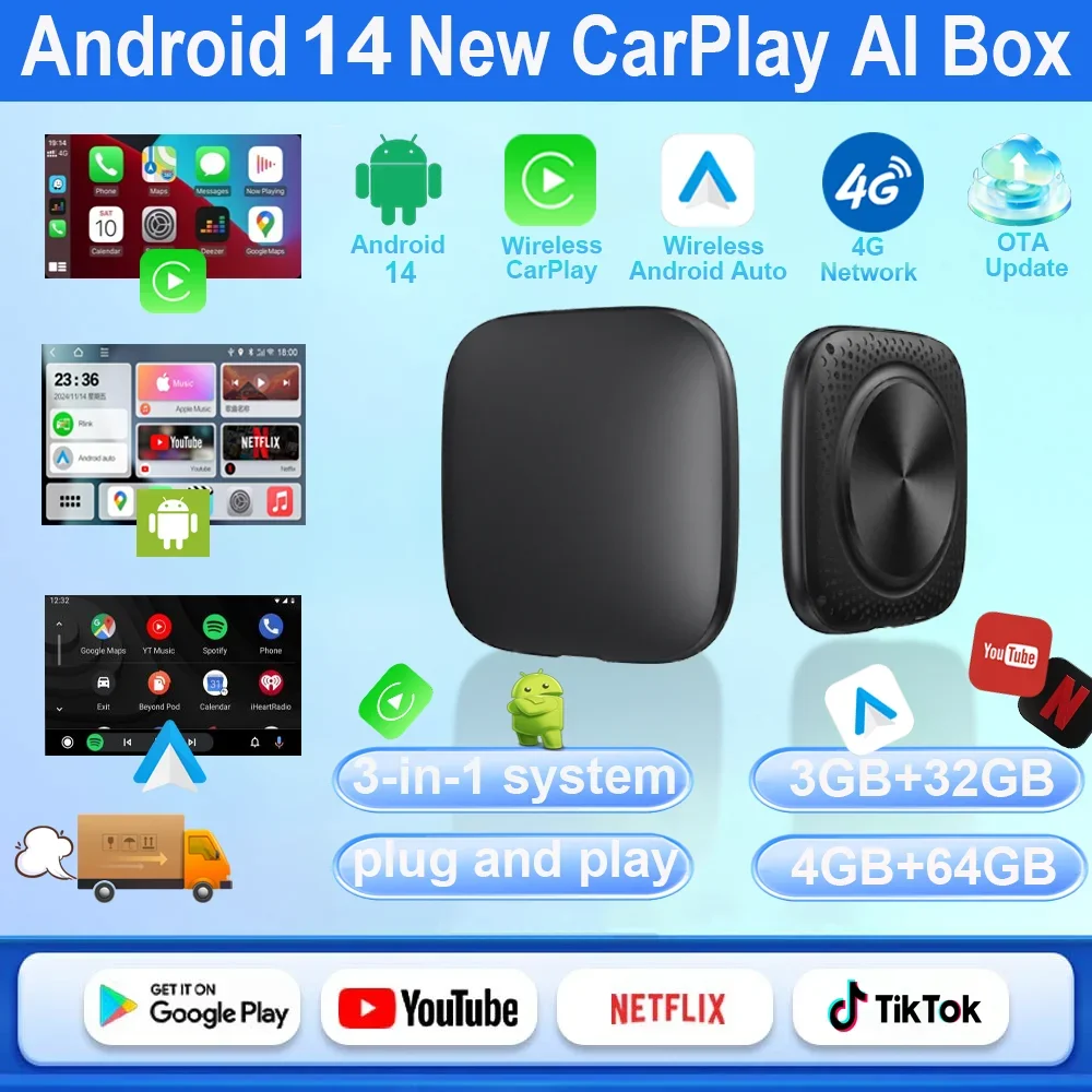 Hot-selling car AI box Android 14 wireless Android Auto and CarPlay smart TV box, supports YouTube, Netflix car accessories