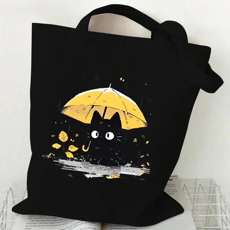 Cat Print Canvas Tote Bag Cute Cartoon Cat Pattern Shoulder Bag for Daily Shopping Pet Lovers Enthusiasts Bolso Grande Mujer