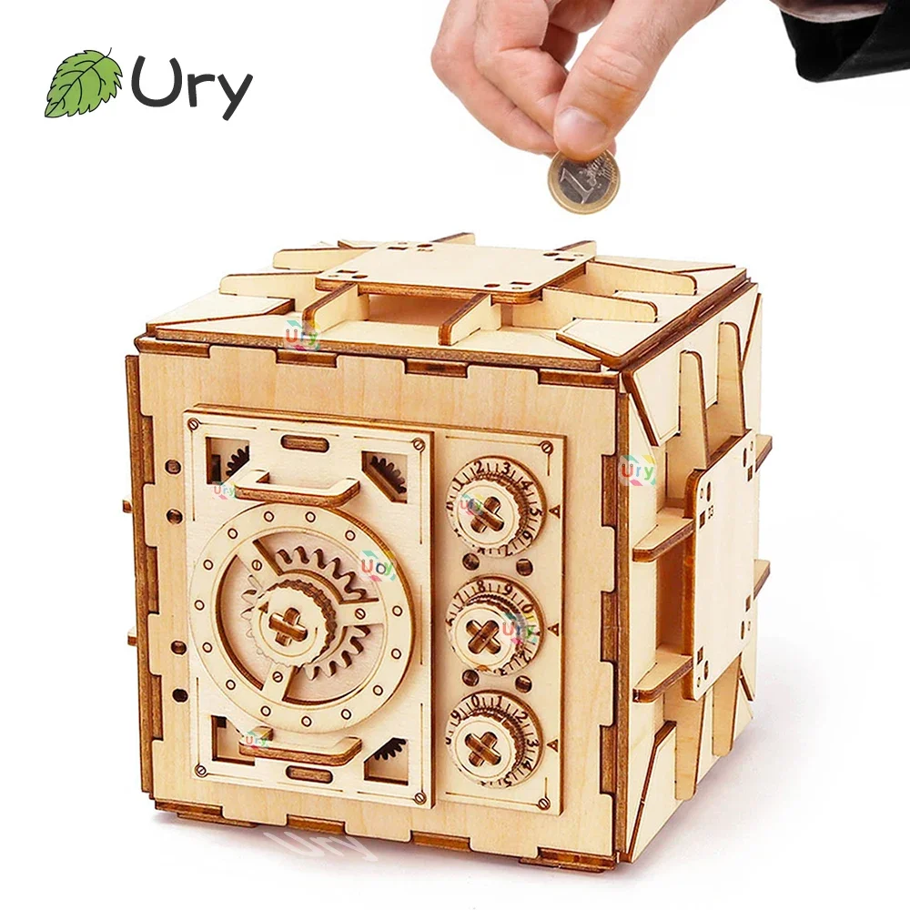 URY 3D Wooden Puzzle Password Treasure Money Box Piggy Bank DIY Advanced Assembly Model Toys Creative for Lady Girls