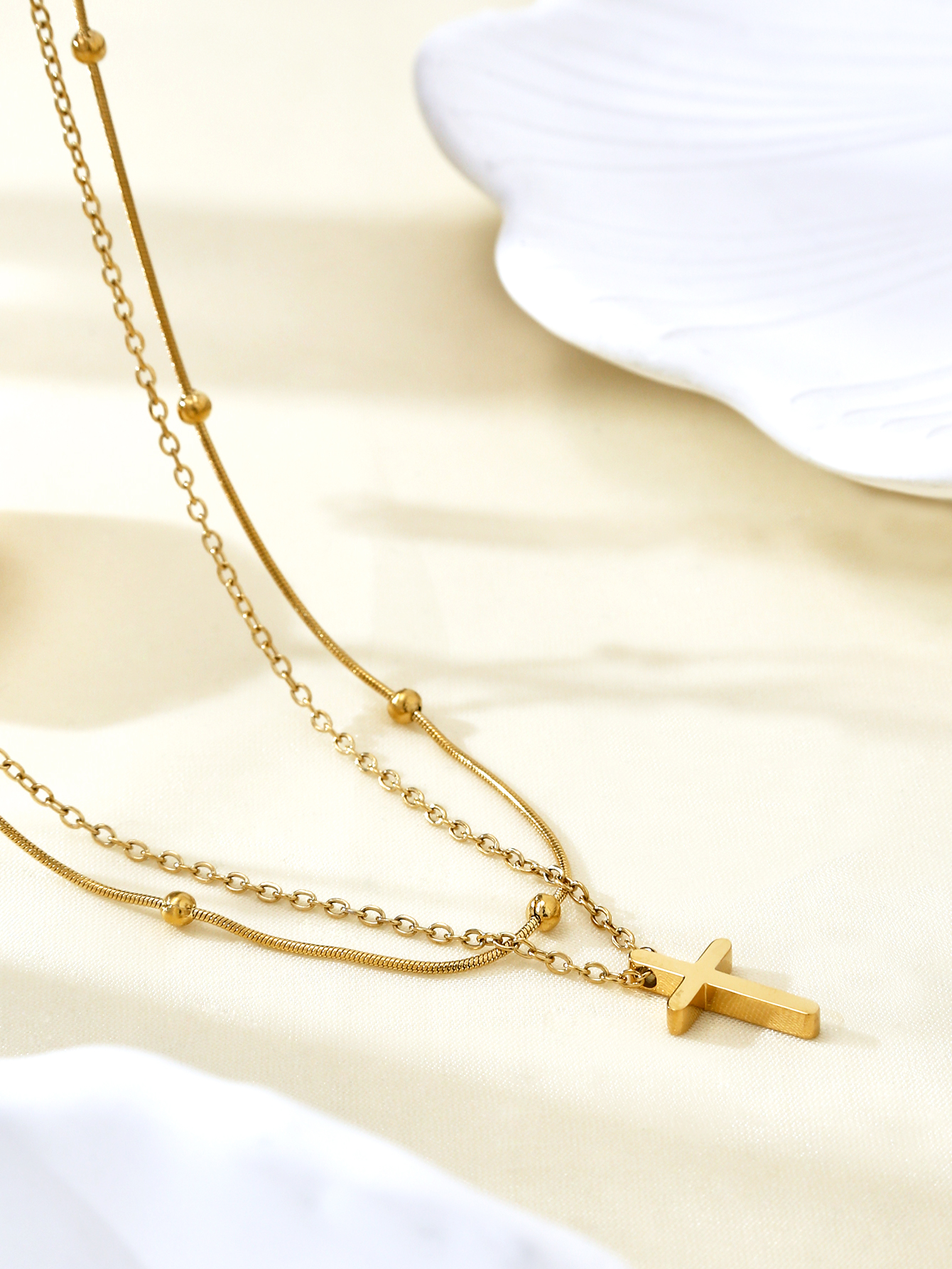 1 Piece/1 Set Trendy Unisex Minimalist Stainless Steel Beaded Cross Pendant Double-Layer Collar Chain Necklace For Women pen gpt