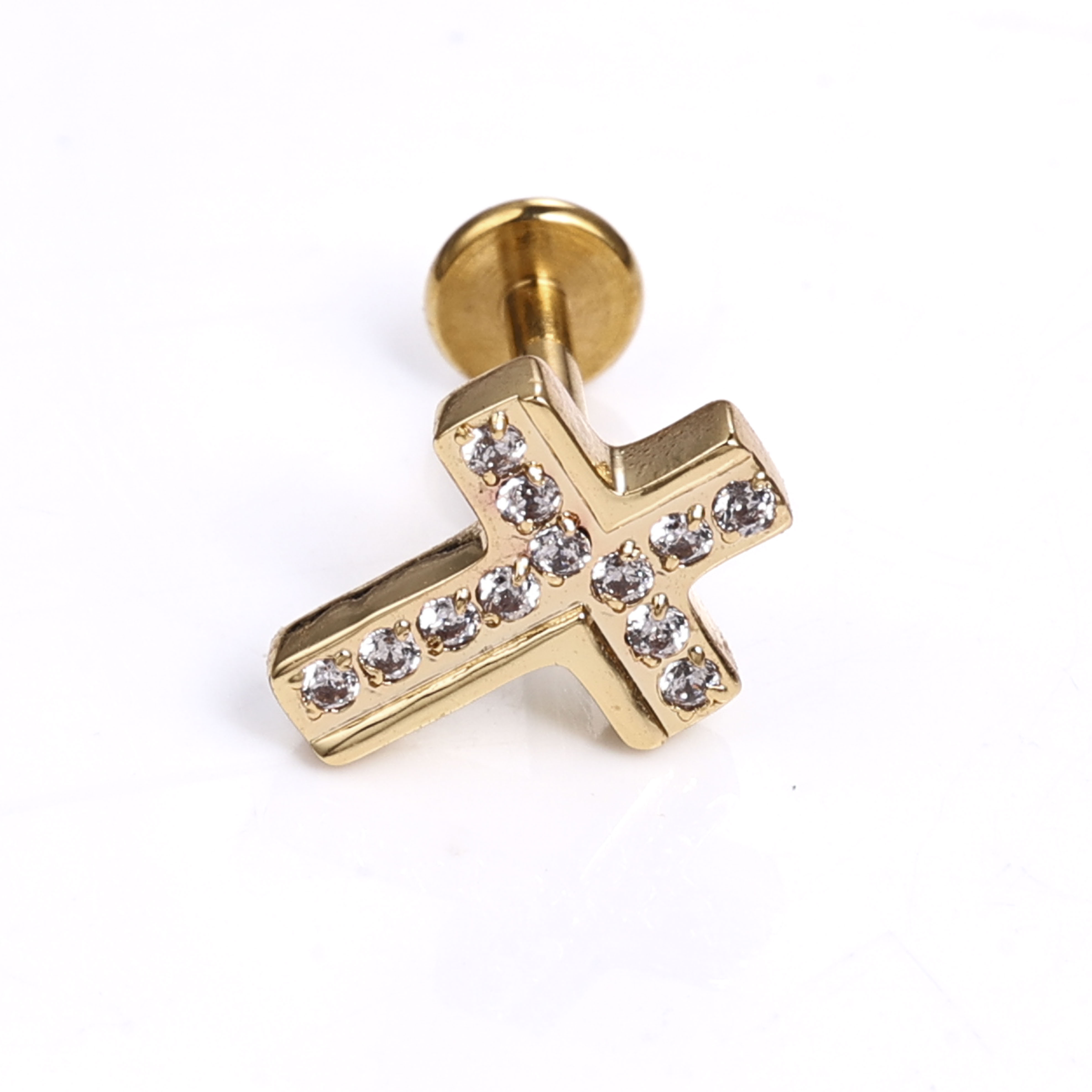 1 Piece of Overall Stainless Steel, Fashionable and Simple Ins Style, Personalized Zircon-Inlaid Mini Cross Lip Ring, Lip Stud, Ear Cartilage Stud, Body Piercing Jewelry