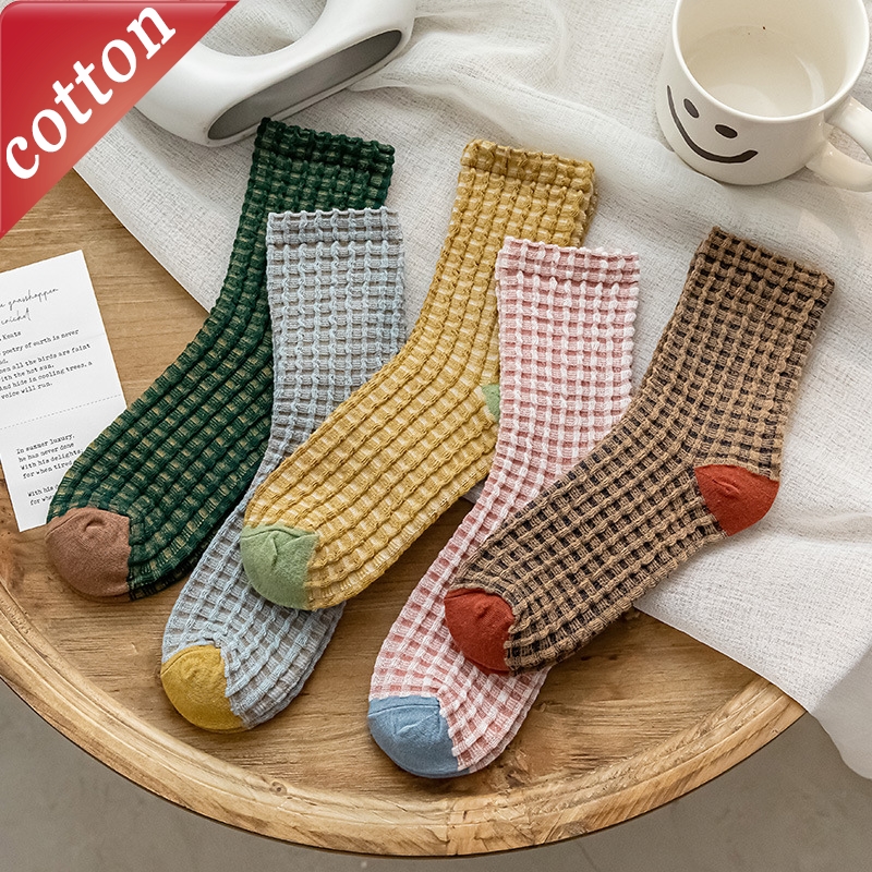 1/5 Pairs Women's Socks Plaid Sweet Cute Kawaii Dopamine Retro Casual Versatile Middle Tube Socks Comfortable Pure Cotton Socks