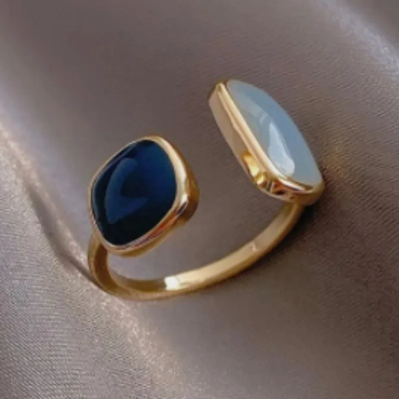 2023 French New Retro Square Blue Oil Dripping Ring Fashion Temperament Simple Opening Ring Women's Jewelry