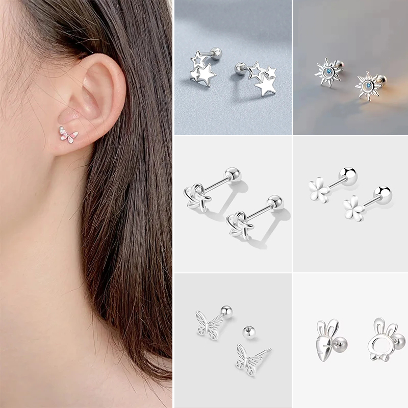New Cute Pink Small Zircon Butterfly Screw Earrings For Women Girls Black Heart Cartilage Helix Tragus Ear Piercing Jewelry