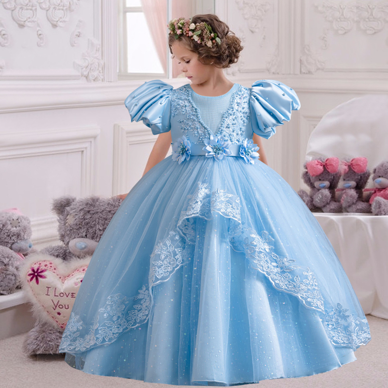 Girl's pearl Birthday Beaded Flower Tail Fluffy Dress 4-12 years old New Girls Embroidered Sequin Wedding Girls Princess Dress