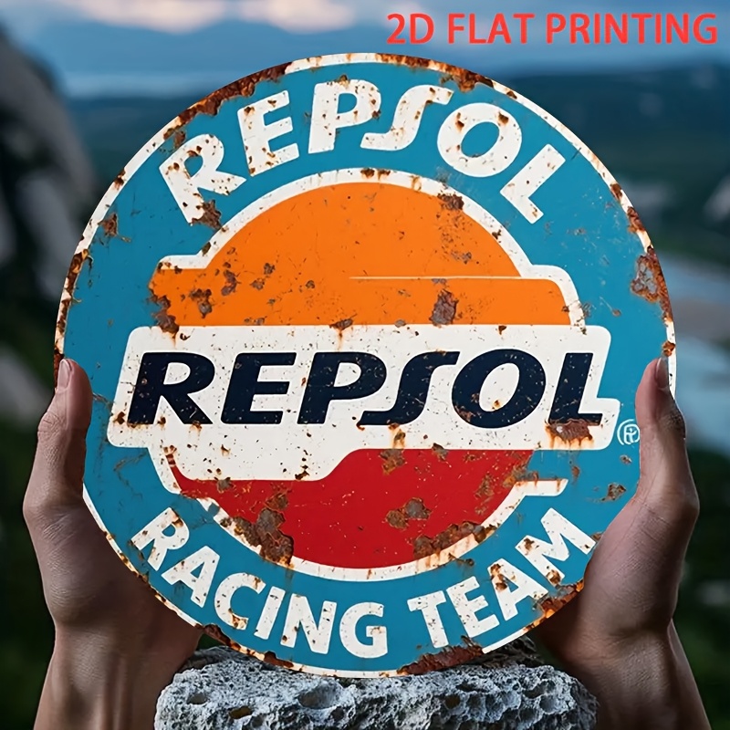 2D flat 1pc Repsol Racing team logo - retro rust pattern + bright colors, suitable for garage and workshop decoration