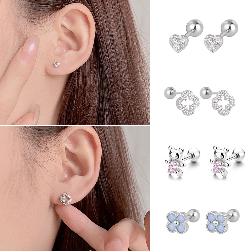 Hot Sell Korean Sweet Cute Small Bear With Pink Zircon Piercing Stud Earrings for Women Girls Daily Fashion Party Jewelry