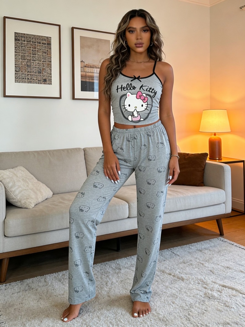 Hello Kitty Korean version of summer pajamas set, sling vest, trousers, foreign style cartoon printed loungewear two-piece set