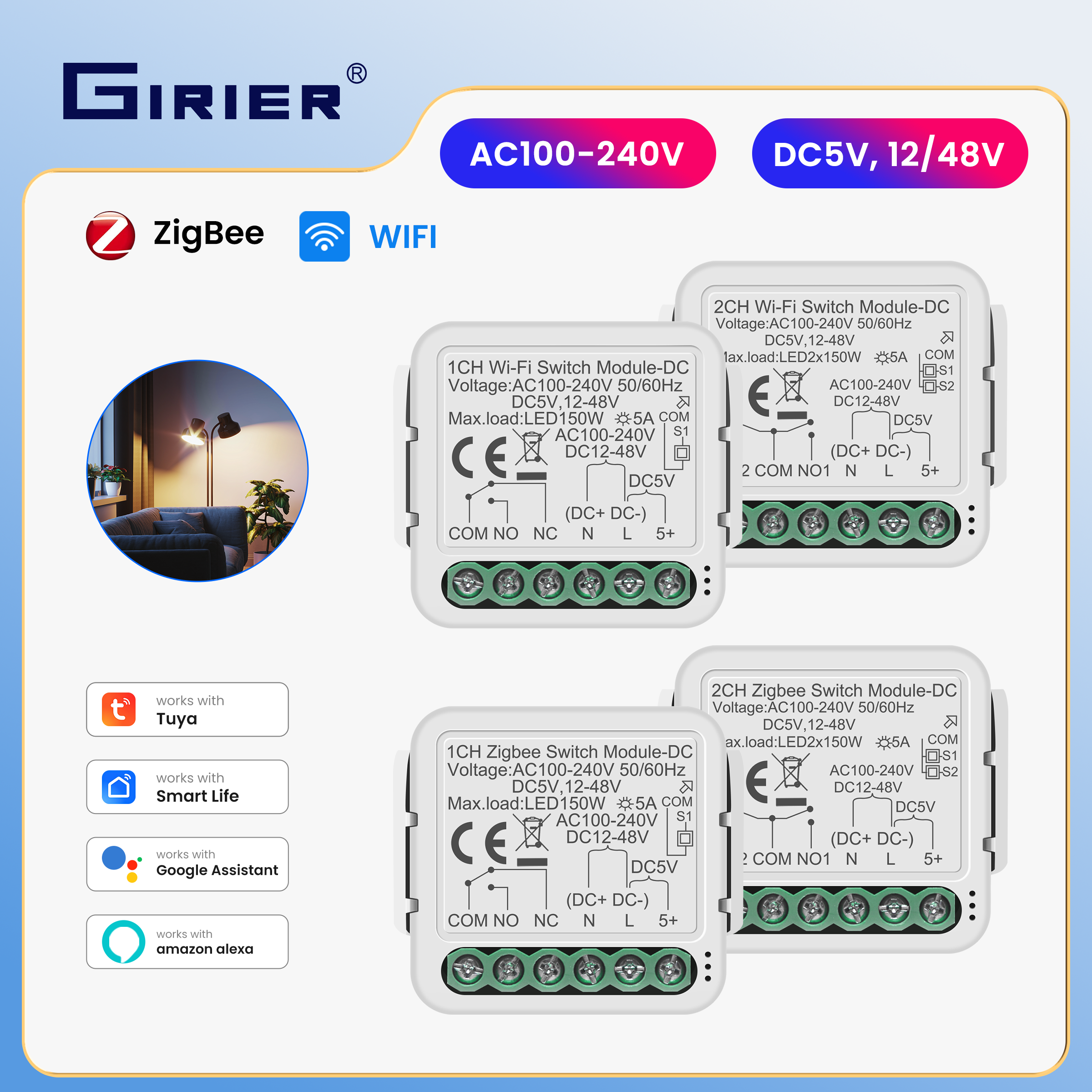 GIRIER Tuya WiFi Smart Switch Module ZigBee Dry Contact Module DC5V 12-48V AC100-240V Input DIY Relay Work with Alexa Hey