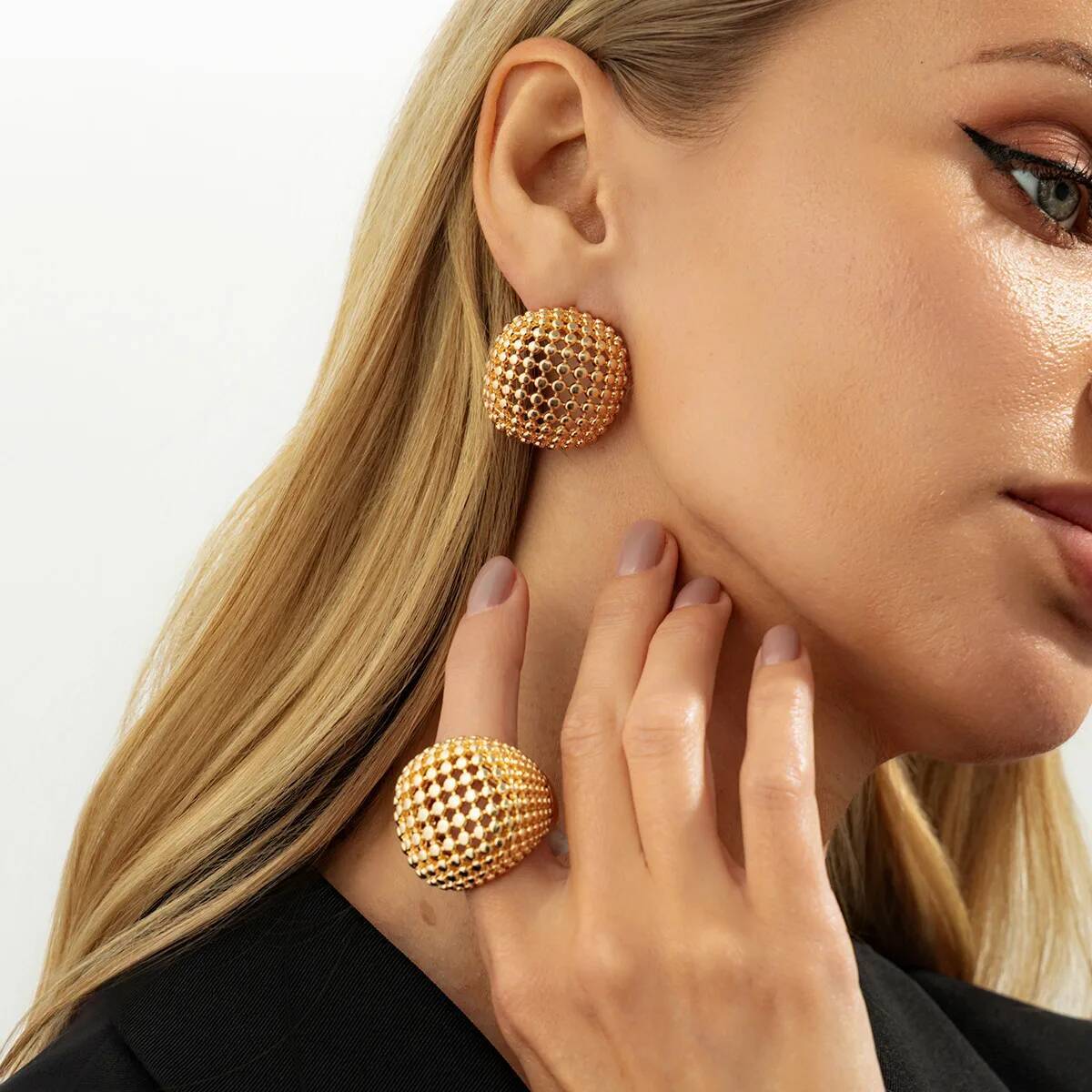 KunJoe Elegant Gold Color Geometric Stud Earrings Ring Jewelry Set for Women Retro Square Round Earrings Knuckle Rings Lady