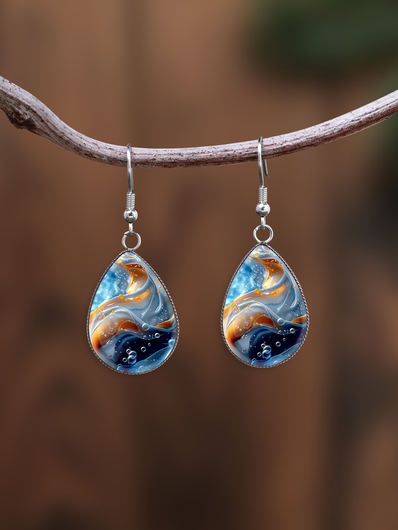 1 Pair of Vibrant and Colorful Landscape and Sea Water Pattern Earrings with Convex Glass and 316 Stainless Steel Water Drop Ear Hooks, in a Retro and Simple Style Suitable for Women for Daily Gift-Giving and Wearing, Jewelry Earrings in an Elegant and...