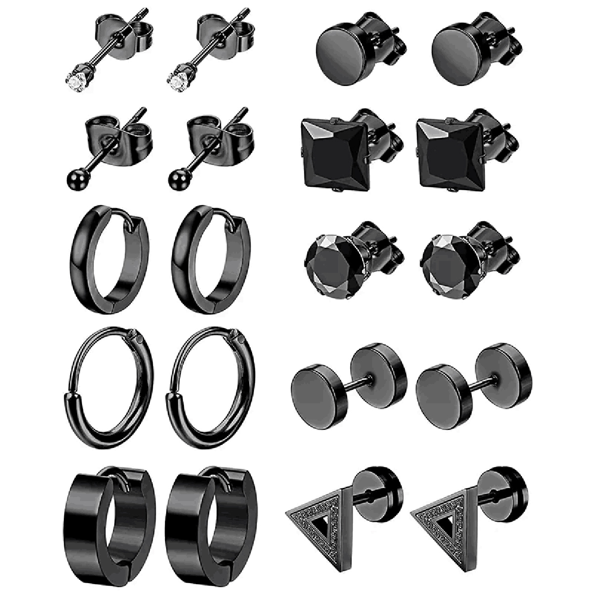 10 pairs of men's fashionable and minimalist black 2mm zircon stainless steel earring set