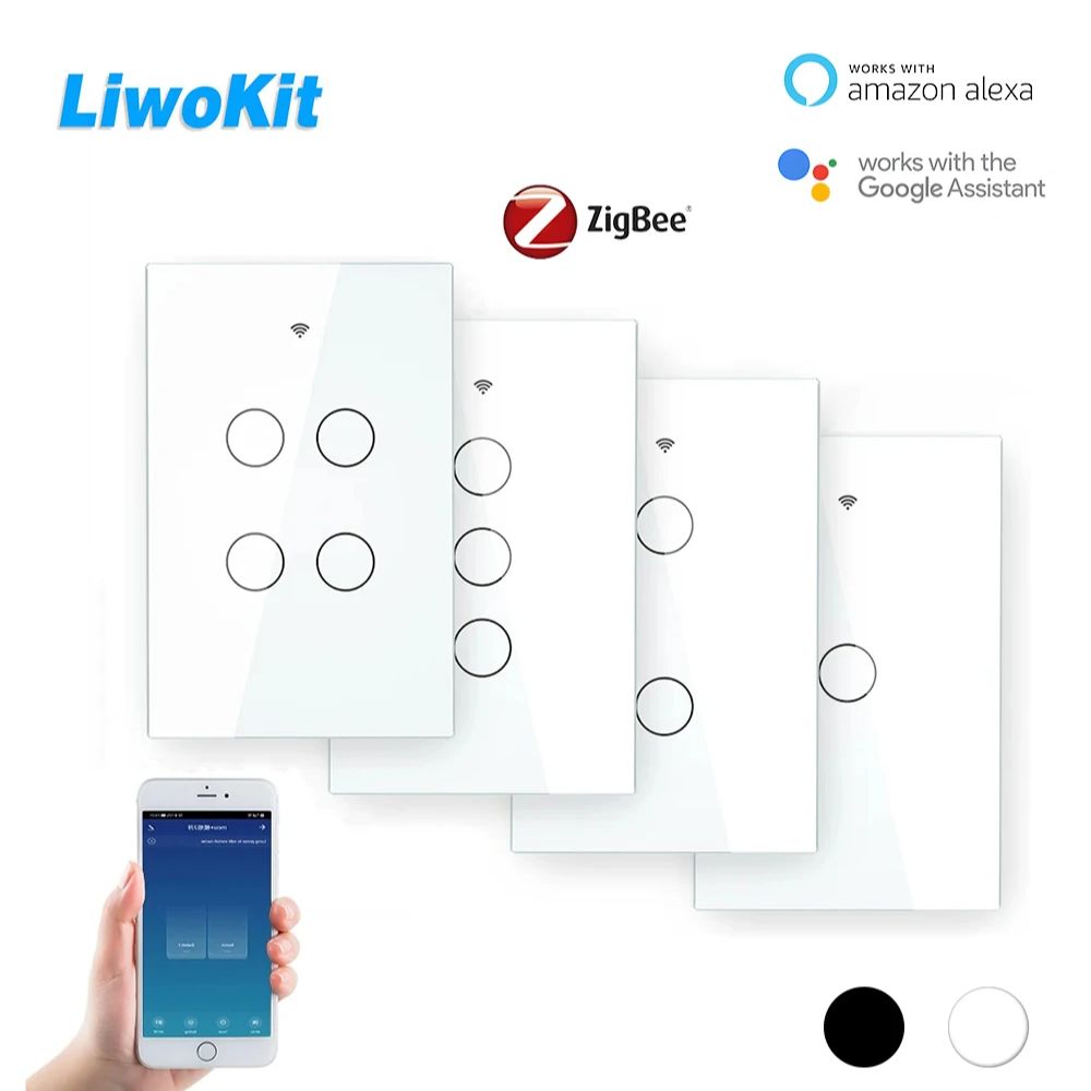 LiwoKit ZigBee 1/2/3/4 Gang Wall Touch Smart Light Switch With Neutral/No Neutral Smart Life/Tuya compatible Alexa lightify