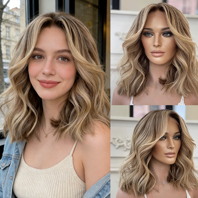 Wig Female Synthetic Hair Brown Blonde Highlights Short Bob Shoulder 13x4 Glueless High Quality Full Enough Miku Cosplay