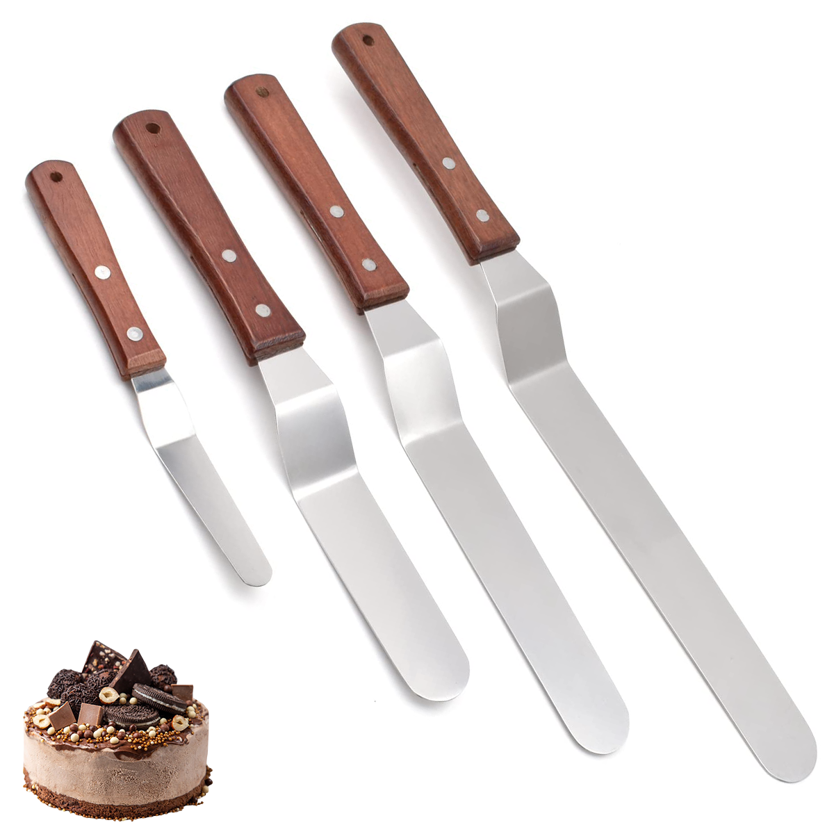 1PC Cake Icing Spatula, 4” 6” 8” 10” Professional Stainless Steel Cake Decorating Frosting Spatulas with Wooden Handle