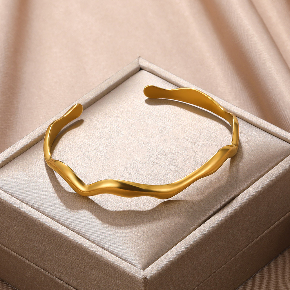 Stainless Steel Wave Open Bangle Bracelets for Women Fashion Gold Color Irregular Cuff Bangles Trendy Aesthetic Jewelry Gift pen gpt
