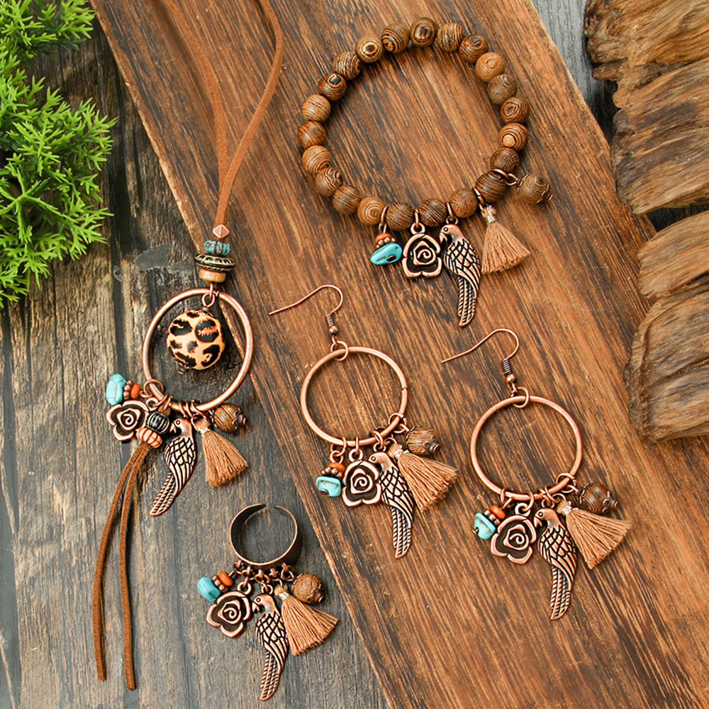 Bohemian Vintage Jewelry Set for Women Earrings with Bird Tassel Design Sweater Necklace Bracelet Open Ring Daily Wear Party