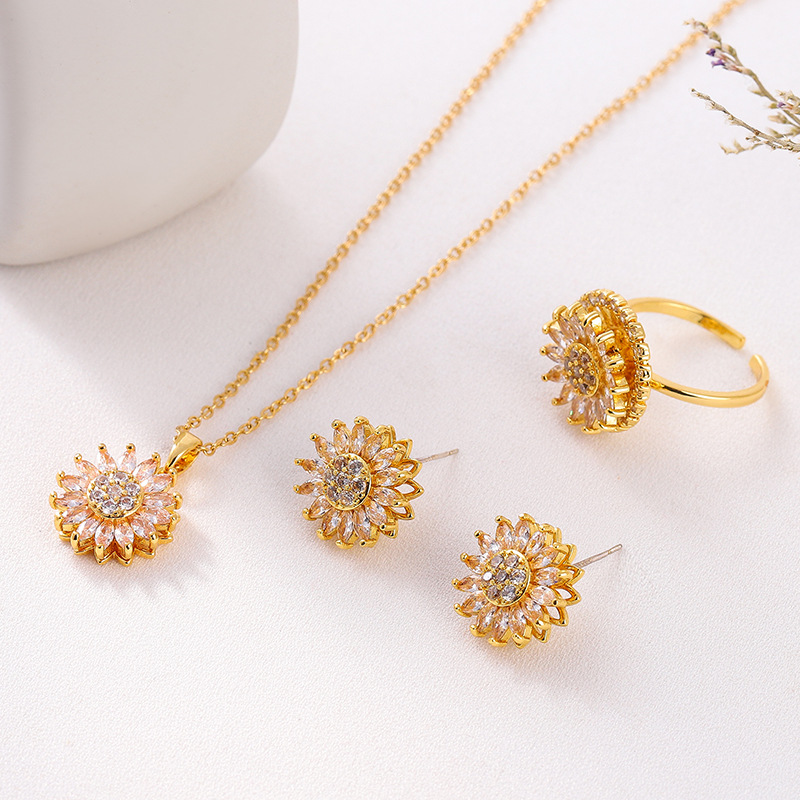 Minimalist Titanium Steel Necklace Earrings Ring 3A Zircon Jewelry Set Fidget Rotatable Sunflower Jewelry Set for Women
