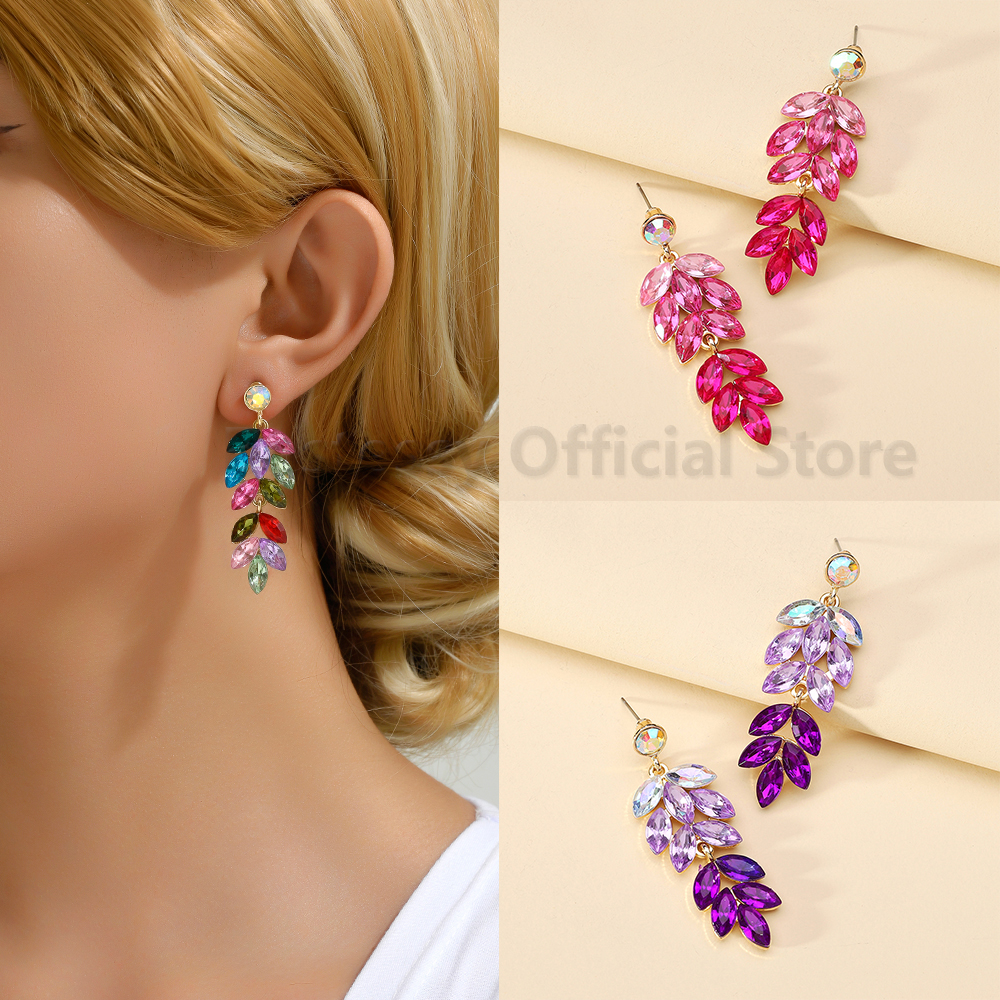 Elegant Leaf Design Long Drop Earrings For Women Inlaid Colorful Rhinestone Trend Luxury Party Fashion Jewelry Accessories