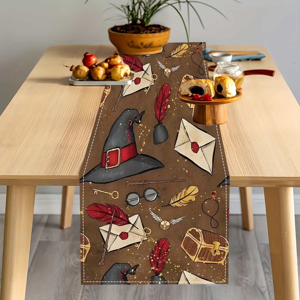 Vintage Witch & Wizard Halloween Table Runner - Unique 1pc Gothic Party Decor, Perfect for Spooky Themed Celebrations