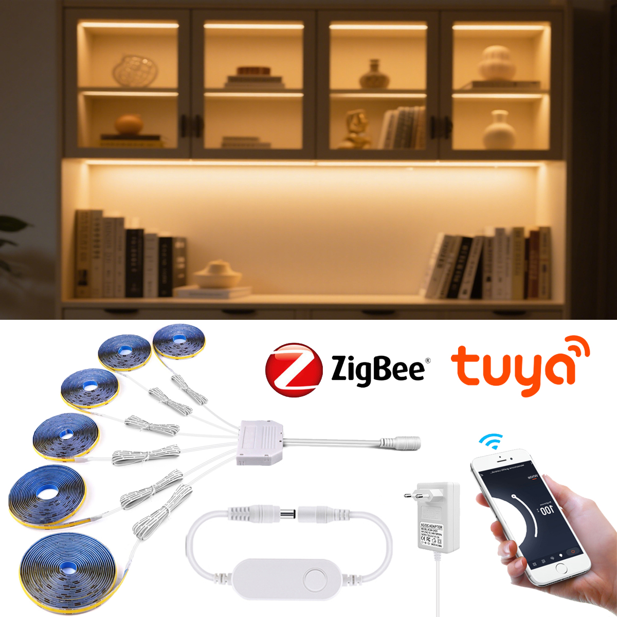12V Zigbee 3.0 COB LED Strip Light 1M-2M,320LEDs/M DIY Kitchen Lighting Cabinet Decor Work with Tuya/SmartThings, Alexa/
