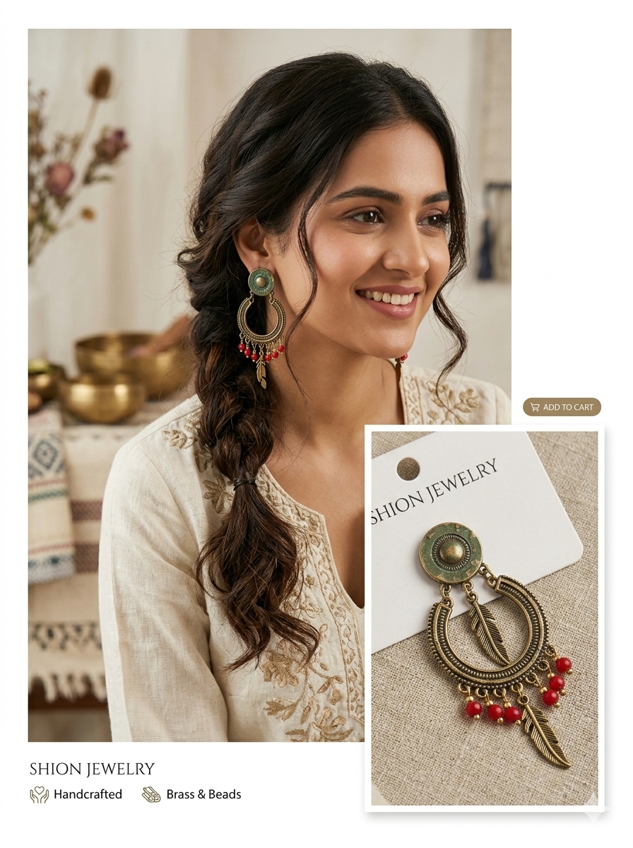 Handcrafted Antique Brass Drop Earrings with Red Beads and Leaf Charms for Women and Girls | Vintage Ethnic Jhumka Style Ovals