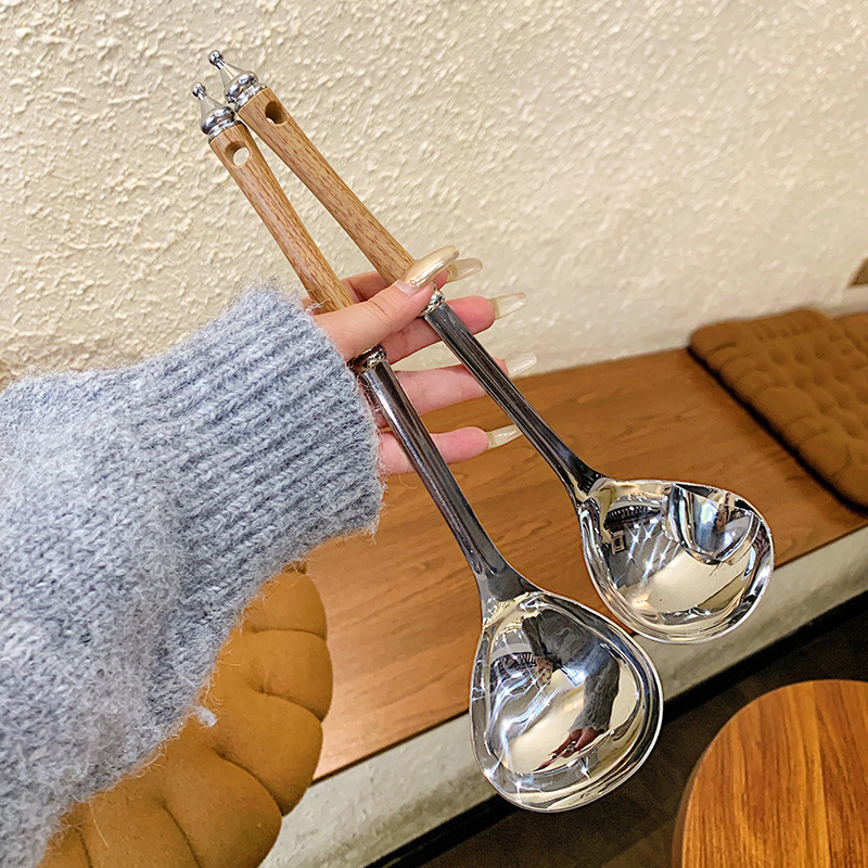Stainless Steel Wooden Handle Soup Spoon Strainer Spoon Household Hot Pot Spoon Ladle Spoon Colander Spoon Oil Filter Spoon
