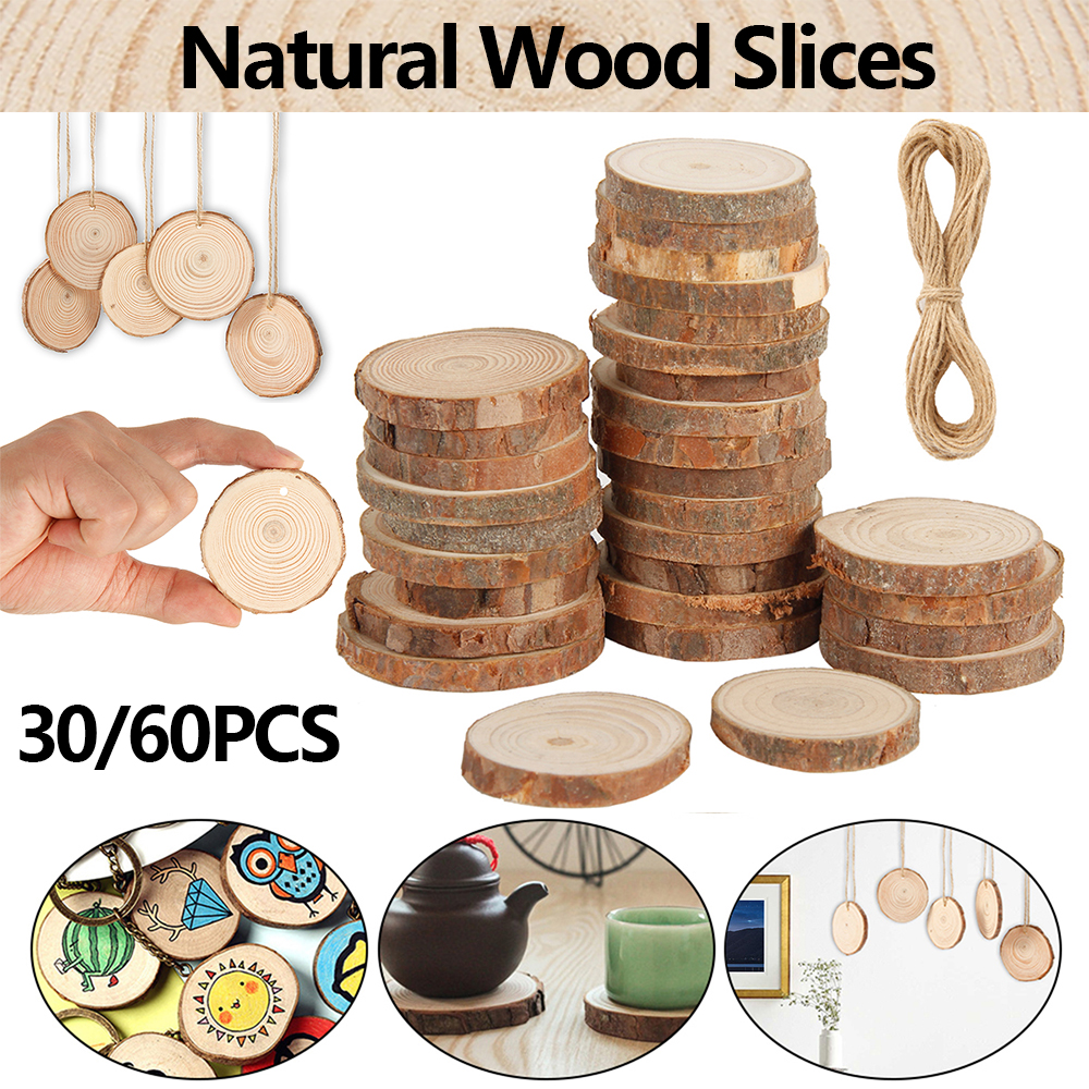 30/60Pcs Natural Wood Slices DIY Wood Ornaments 3-4cm Round Unfinished Rustic Wood Pieces Decoration for Wedding Party