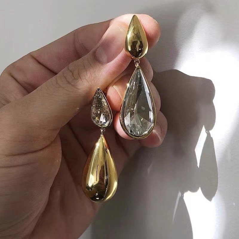 1 Pair of Asymmetrical Earrings with Gold and Silver Color Droplet Pendants, Sparkling with Zircon Inlaid Women's Jewelry