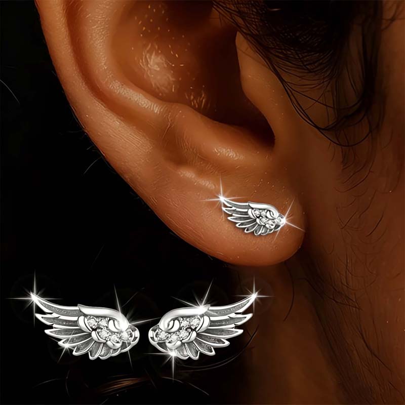 Fashion Zircon Wing Stud Earrings for Women Luxury Shiny Crystal Creative Angel Wings Cross Silver Color Ear Studs Jewelry
